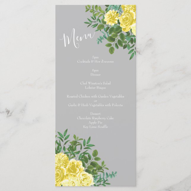 Light Yellow & Grey Peony Rose Floral Wedding Menu (Front)