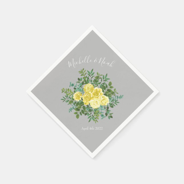 Light Yellow & Grey Peony & Rose Floral Wedding Napkin (Corner)