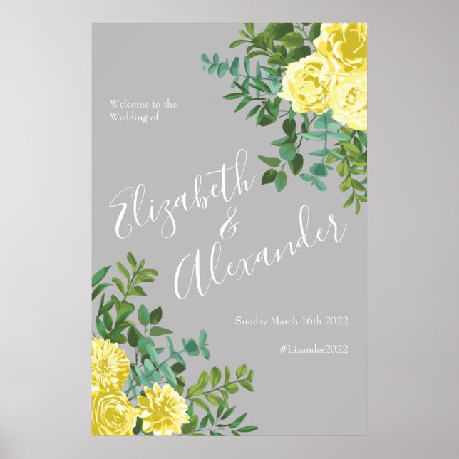 Light Yellow & Grey Peony Rose Floral Wedding Poster (Front)