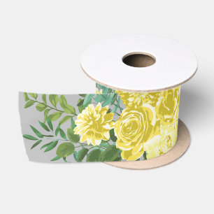 Light Yellow & Grey Peony & Rose Floral Wedding Satin Ribbon