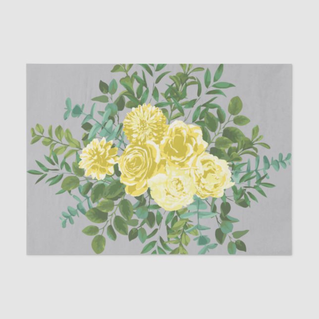 Light Yellow & Grey Peony & Rose Floral Wedding Tissue Paper (Front)