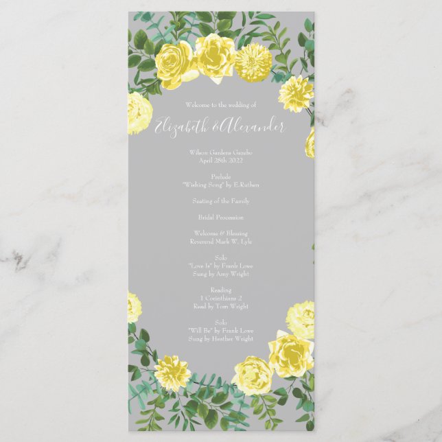 Light Yellow & Grey Rose Floral Wedding Programs Menu (Front)