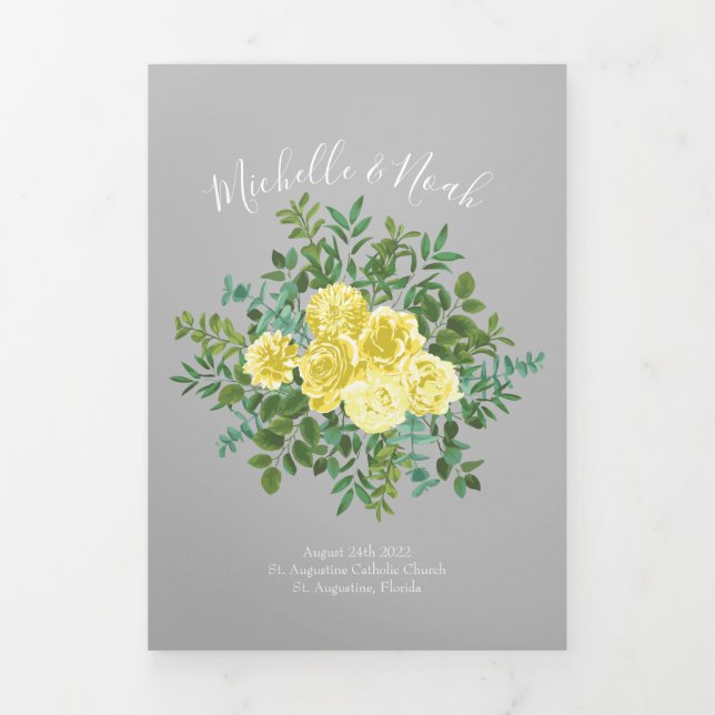 Light Yellow & Grey & Rose Floral Wedding Programs Tri-Fold Programme (Cover)