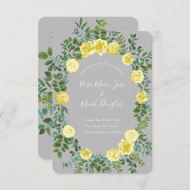 Light Yellow & Grey Rose Floral Wedding Save Date Invitation (Front/Back)