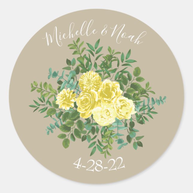 Light Yellow & Khaki Ecru Rose Floral Wedding Classic Round Sticker (Front)