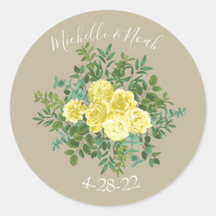Light Yellow & Khaki Ecru Rose Floral Wedding Classic Round Sticker