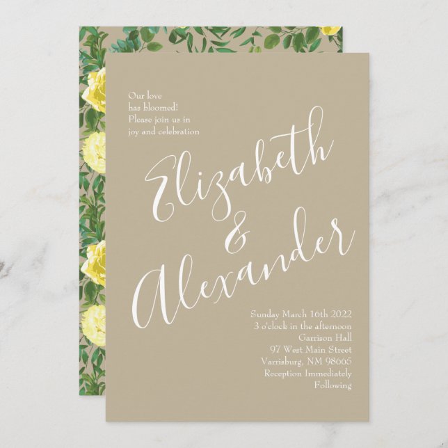 Light Yellow & Khaki Ecru Rose Floral Wedding Invitation (Front/Back)