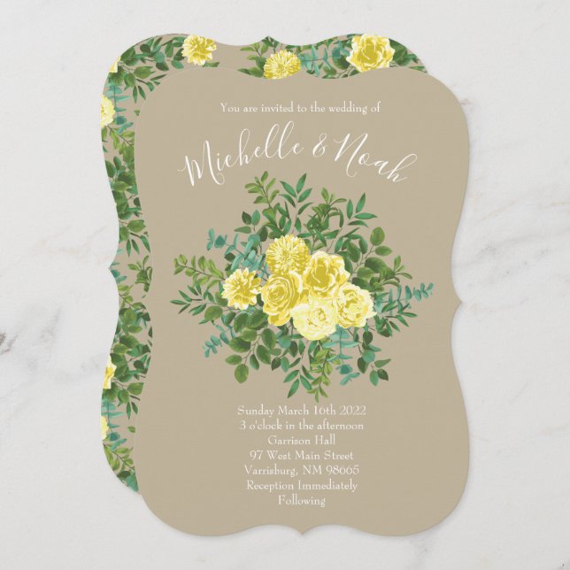 Light Yellow & Khaki Ecru Rose Floral Wedding Invitation (Front/Back)