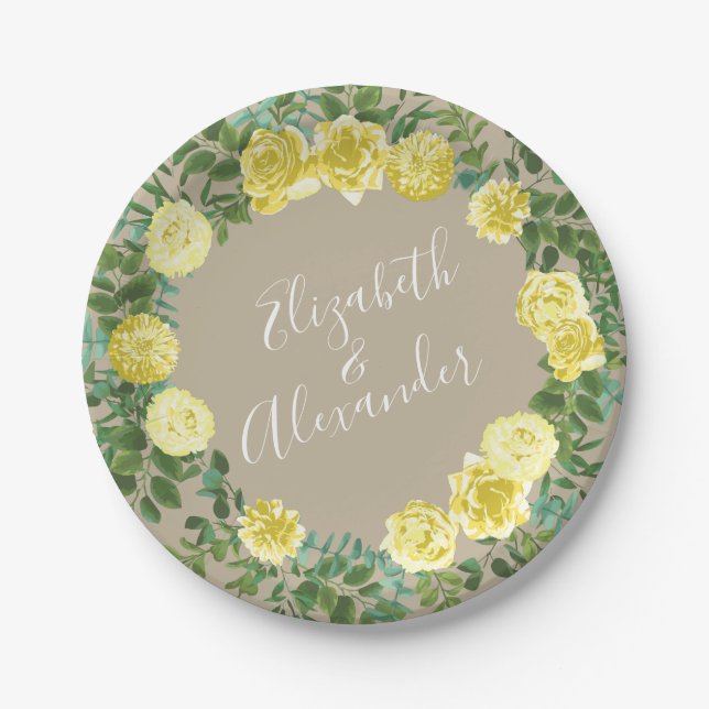 Light Yellow Khaki Ecru Rose Floral Wedding Paper Plate (Front)