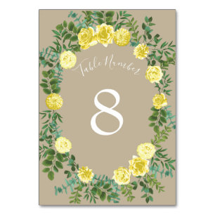 Light Yellow Khaki Ecru Rose Floral Wedding Table Number