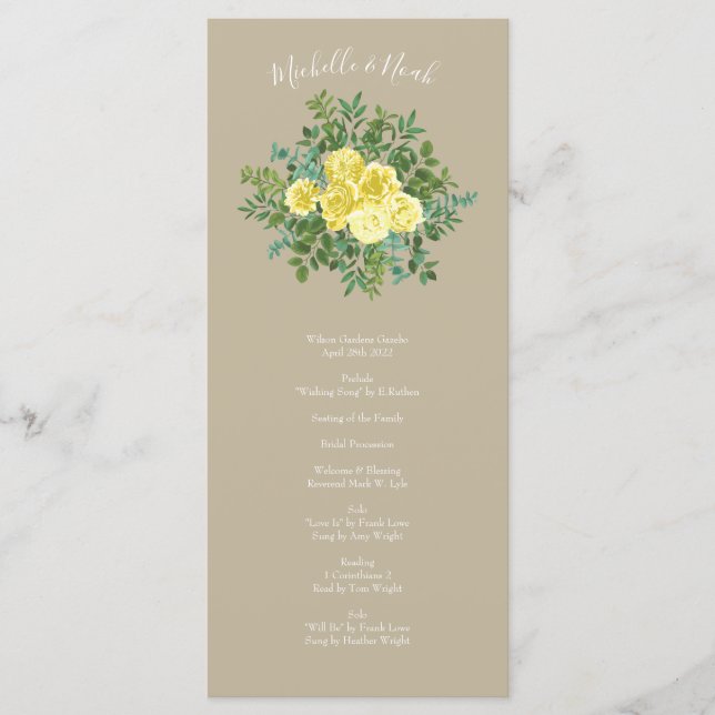 Light Yellow Khaki Ecru Rose Wedding Programs Menu (Front)