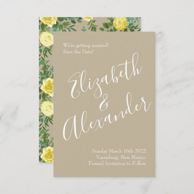 Light Yellow & Khaki Ecru Wedding Save Date Invitation (Front/Back)