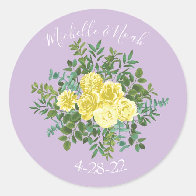Light Yellow & Lilac Purple & Rose Floral Wedding Classic Round Sticker (Front)