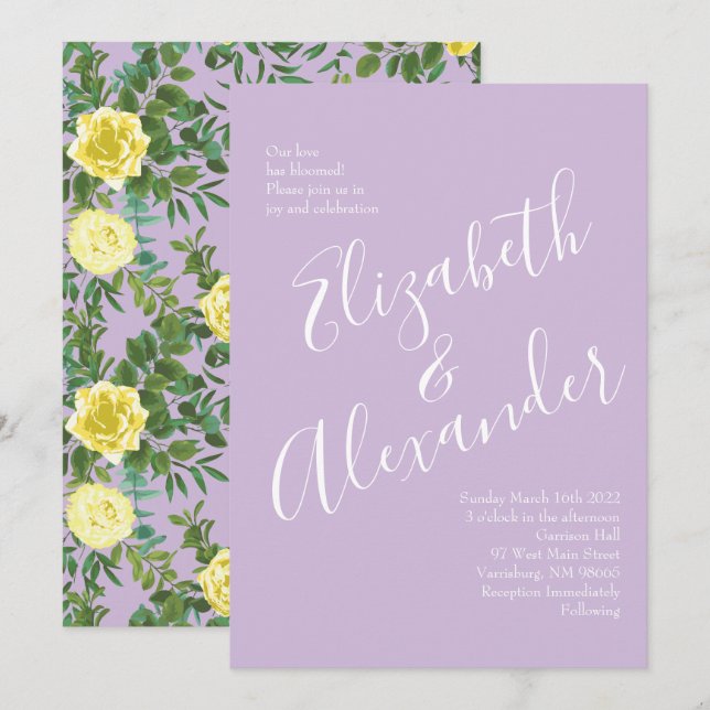 Light Yellow & Lilac Purple & Rose Floral Wedding Invitation (Front/Back)