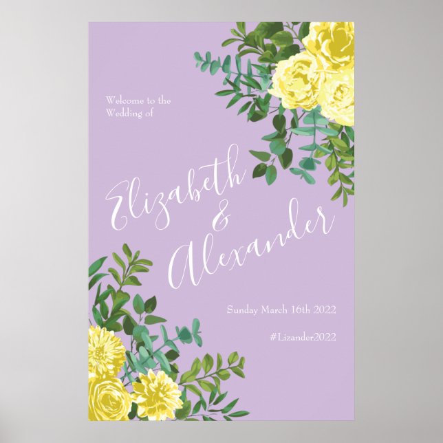 Light Yellow & Lilac Purple Rose Floral Wedding Poster (Front)