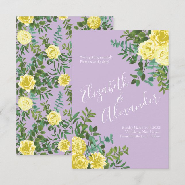 Light Yellow & Lilac Purple Rose Wedding Save Date Invitation (Front/Back)