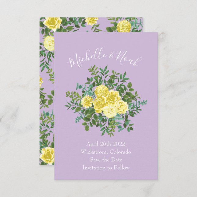 Light Yellow & Lilac Purple Rose Wedding Save Date Invitation (Front/Back)