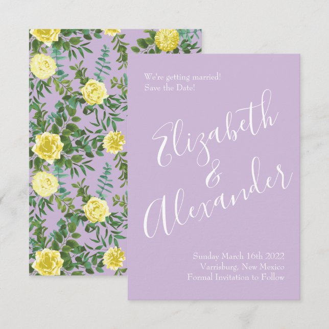 Light Yellow & Lilac Purple Rose Wedding Save Date Invitation (Front/Back)
