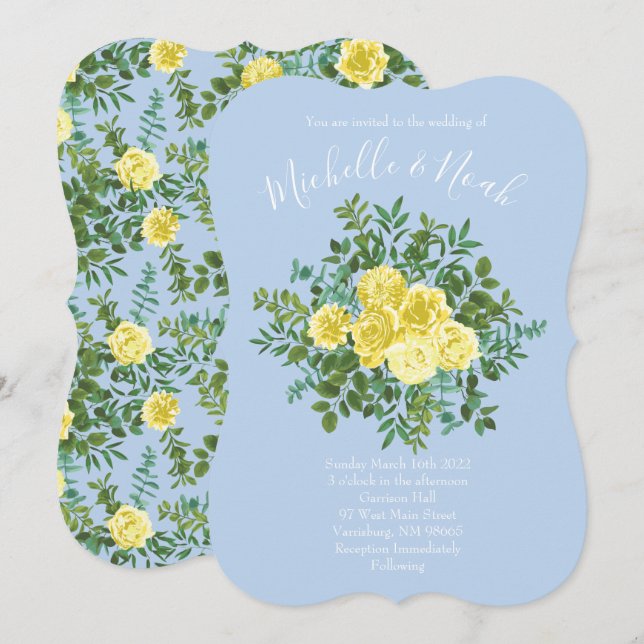 Light Yellow & Pale Blue Rose Floral Wedding Invitation (Front/Back)