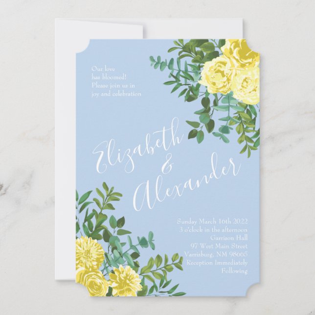 Light Yellow & Pale Blue Rose Floral Wedding Invitation (Front)