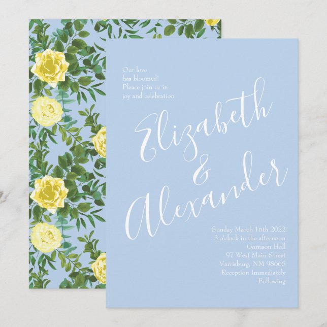 Light Yellow & Pale Blue Rose Floral Wedding Invitation (Front/Back)