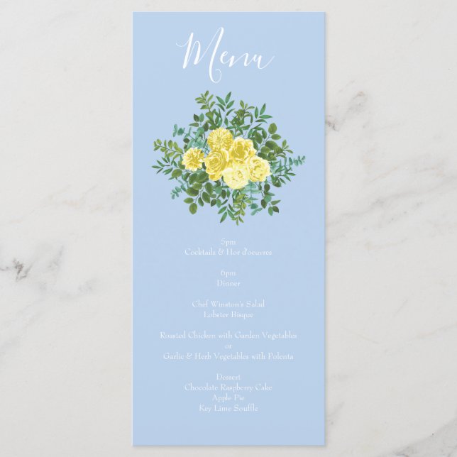 Light Yellow Pale Blue  Rose Floral Wedding Menu (Front)