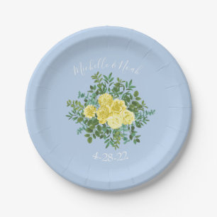 Light Yellow & Pale Blue Rose Floral Wedding Paper Plate