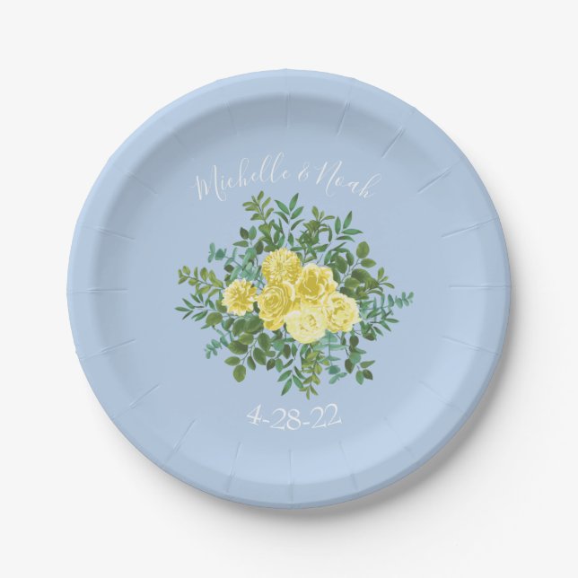 Light Yellow & Pale Blue Rose Floral Wedding Paper Plate (Front)
