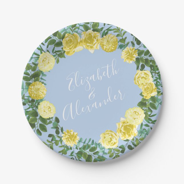 Light Yellow & Pale Blue Rose Floral Wedding Paper Plate (Front)