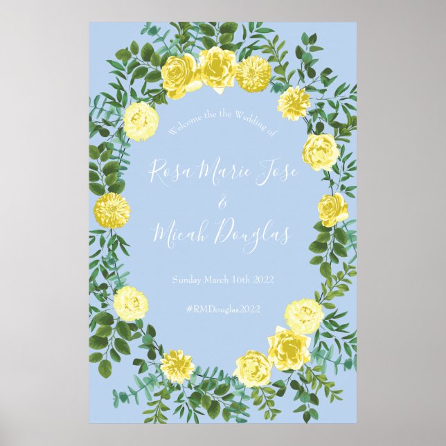 Light Yellow & Pale Blue Rose Floral Wedding Poster (Front)