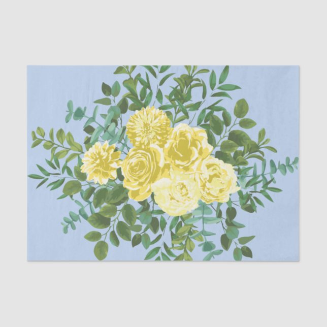 Light Yellow & Pale Blue Rose Floral Wedding Tissue Paper (Front)