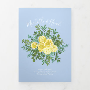 Light Yellow & Pale Blue Rose Wedding Programs Tri-Fold Programme