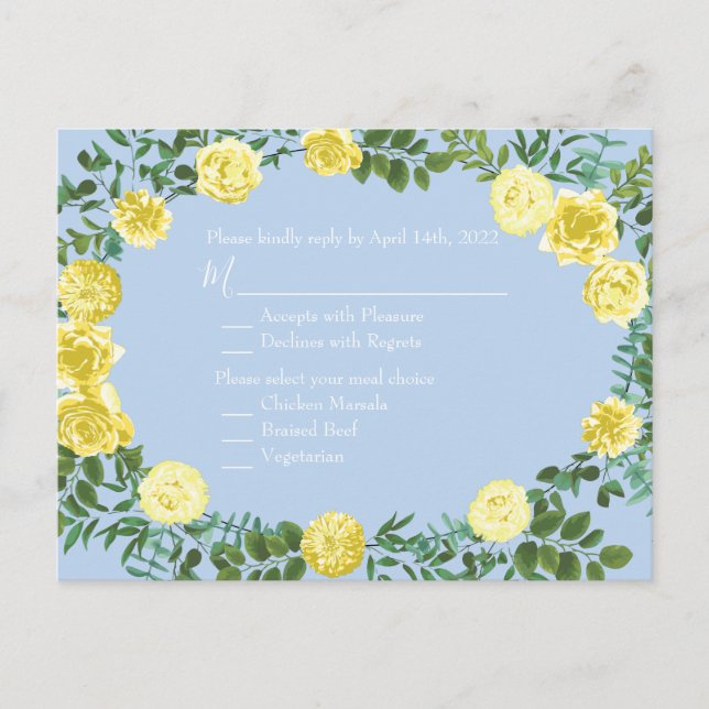 Light Yellow Pale Blue Rose Wedding Reply Card (Front)