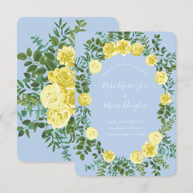 Light Yellow & Pale Blue Rose Wedding Save Date Invitation (Front/Back)