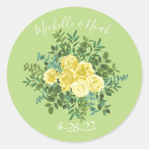 Light Yellow & Pale Green Rose Floral Wedding Classic Round Sticker