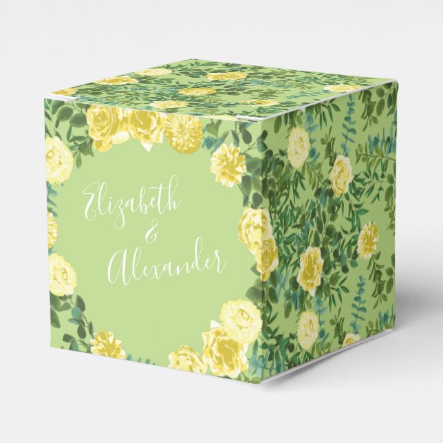 Light Yellow & Pale Green Rose Floral Wedding Favour Box (Front Side)