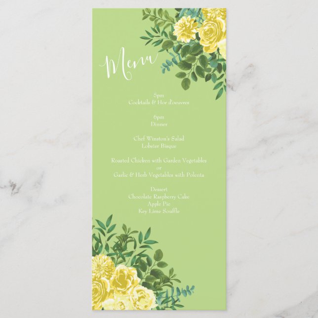 Light Yellow Pale Green Rose Floral Wedding Menu (Front)