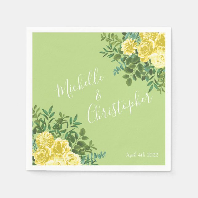 Light Yellow & Pale Green Rose Floral Wedding Napkin (Front)