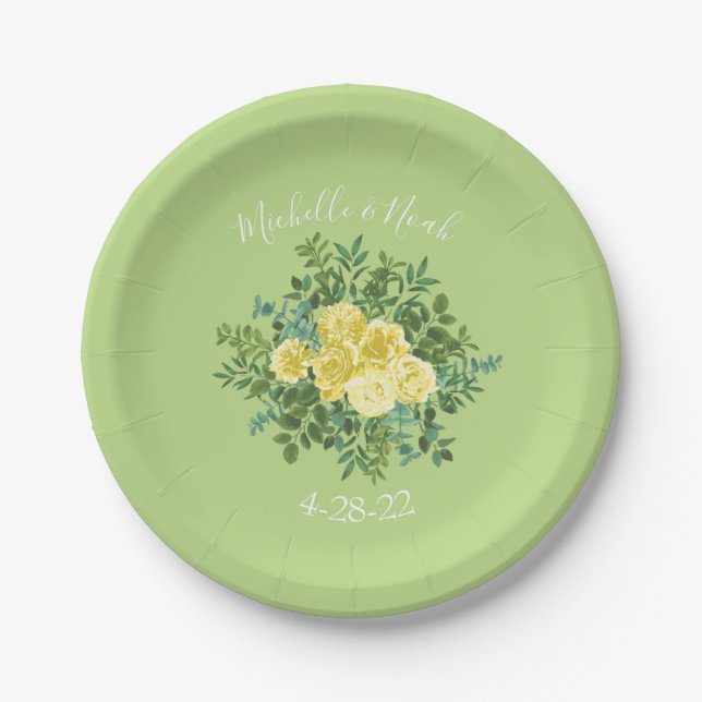Light Yellow & Pale Green Rose Floral Wedding Paper Plate (Front)