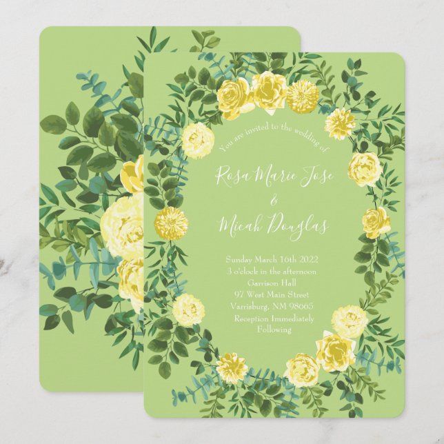 Light Yellow Pale Green Rose Wedding Invitations (Front/Back)