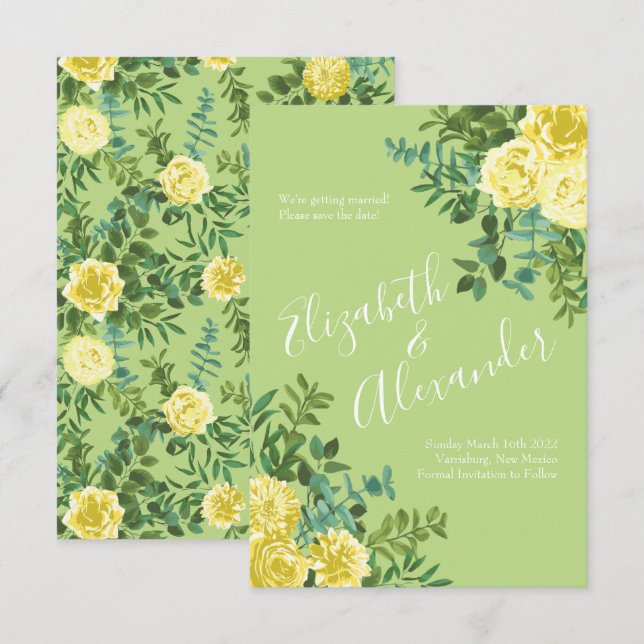 Light Yellow & Pale Green Rose Wedding Save Date Invitation (Front/Back)