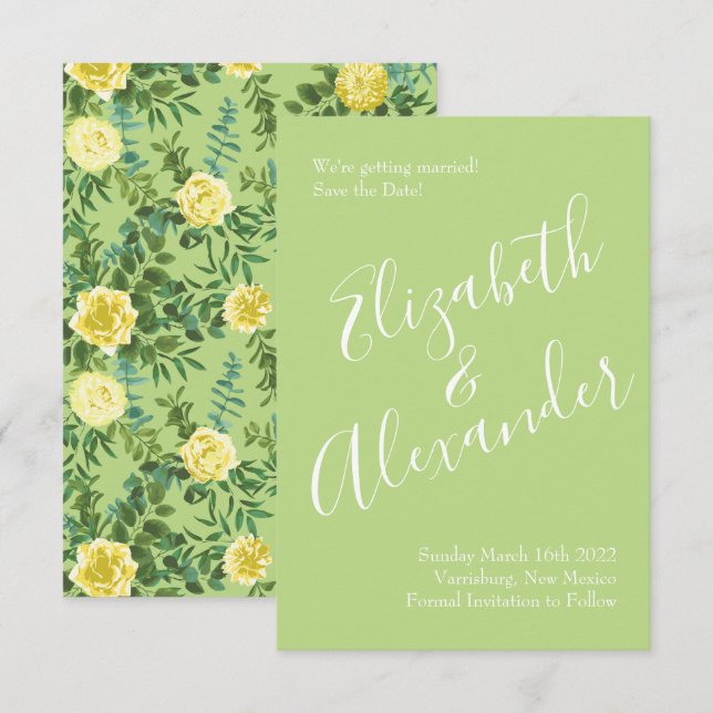 Light Yellow & Pale Green Rose Wedding Save Date Invitation (Front/Back)