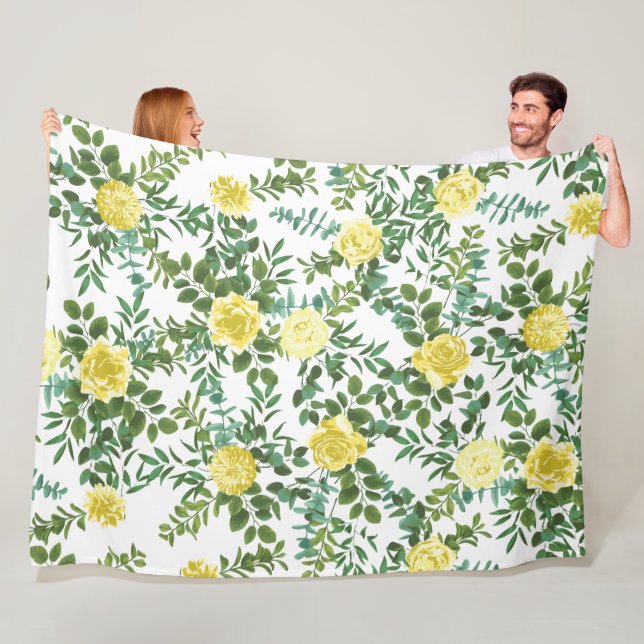 Light Yellow Pastel Peony & Rose Floral Wedding Fleece Blanket (In Situ)