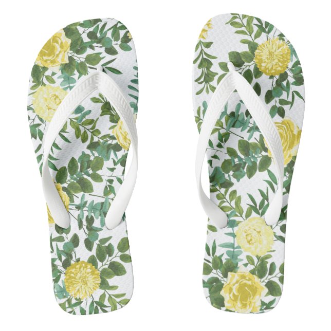 Light Yellow Pastel Peony & Rose Floral Wedding Flip Flops (Footbed)