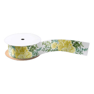 Light Yellow Pastel Peony & Rose Floral Wedding Satin Ribbon