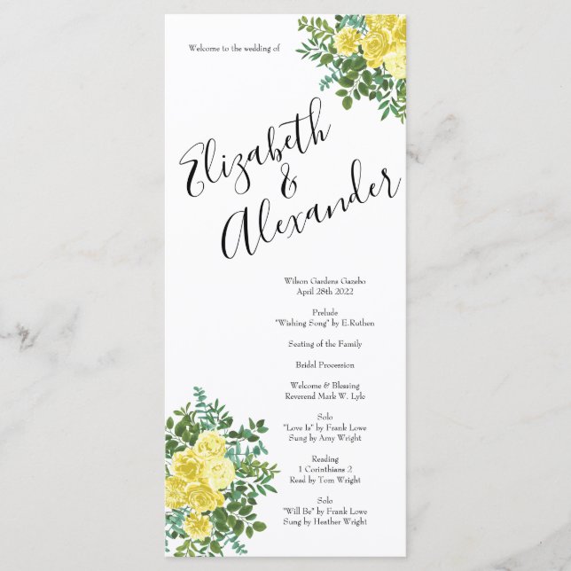 Light Yellow Peony & Rose Floral Wedding Programs Menu (Front)
