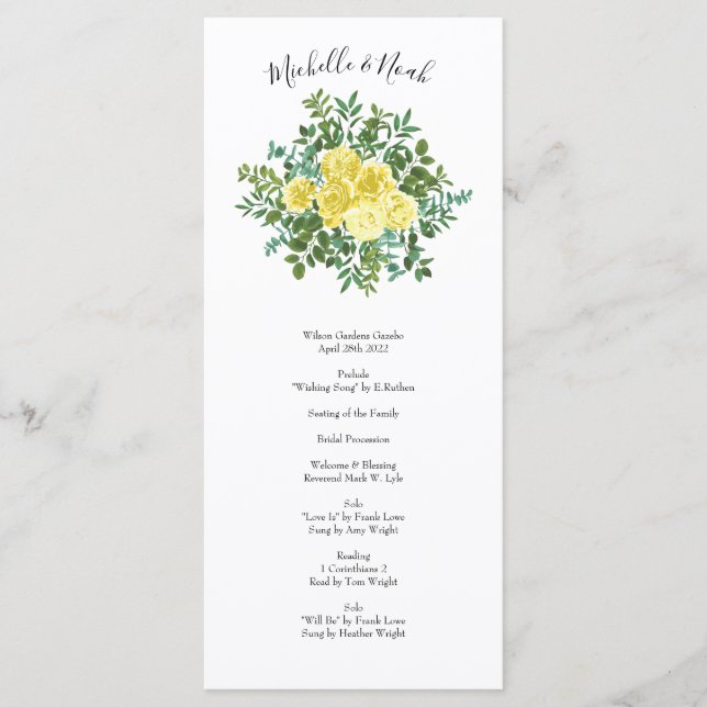 Light Yellow Peony & Rose Floral Wedding Programs Menu (Front)