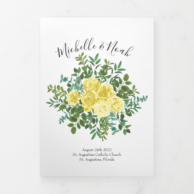 Light Yellow Peony & Rose Floral Wedding Programs Tri-Fold Programme (Cover)