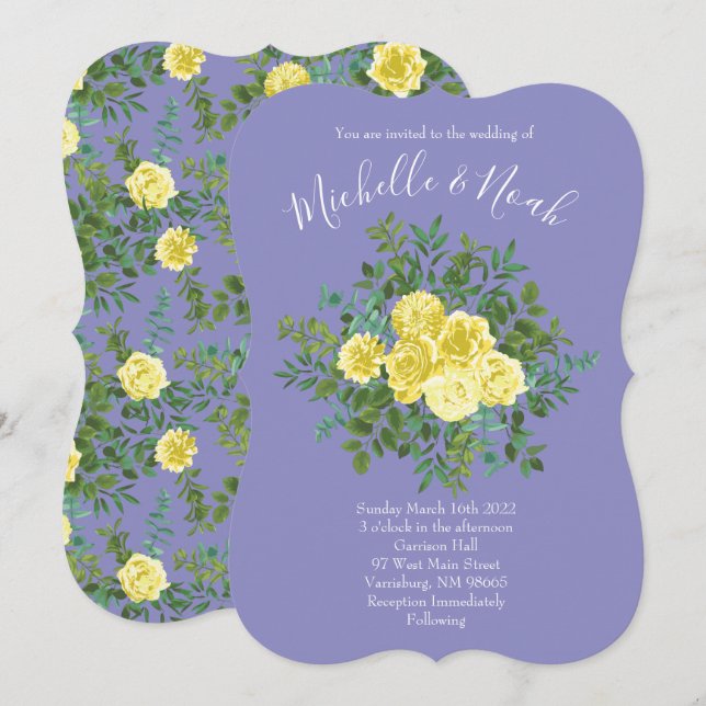 Light Yellow & Periwinkle Blue Rose Floral Wedding Invitation (Front/Back)