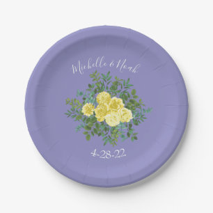 Light Yellow Periwinkle Blue Rose Floral Wedding Paper Plate
